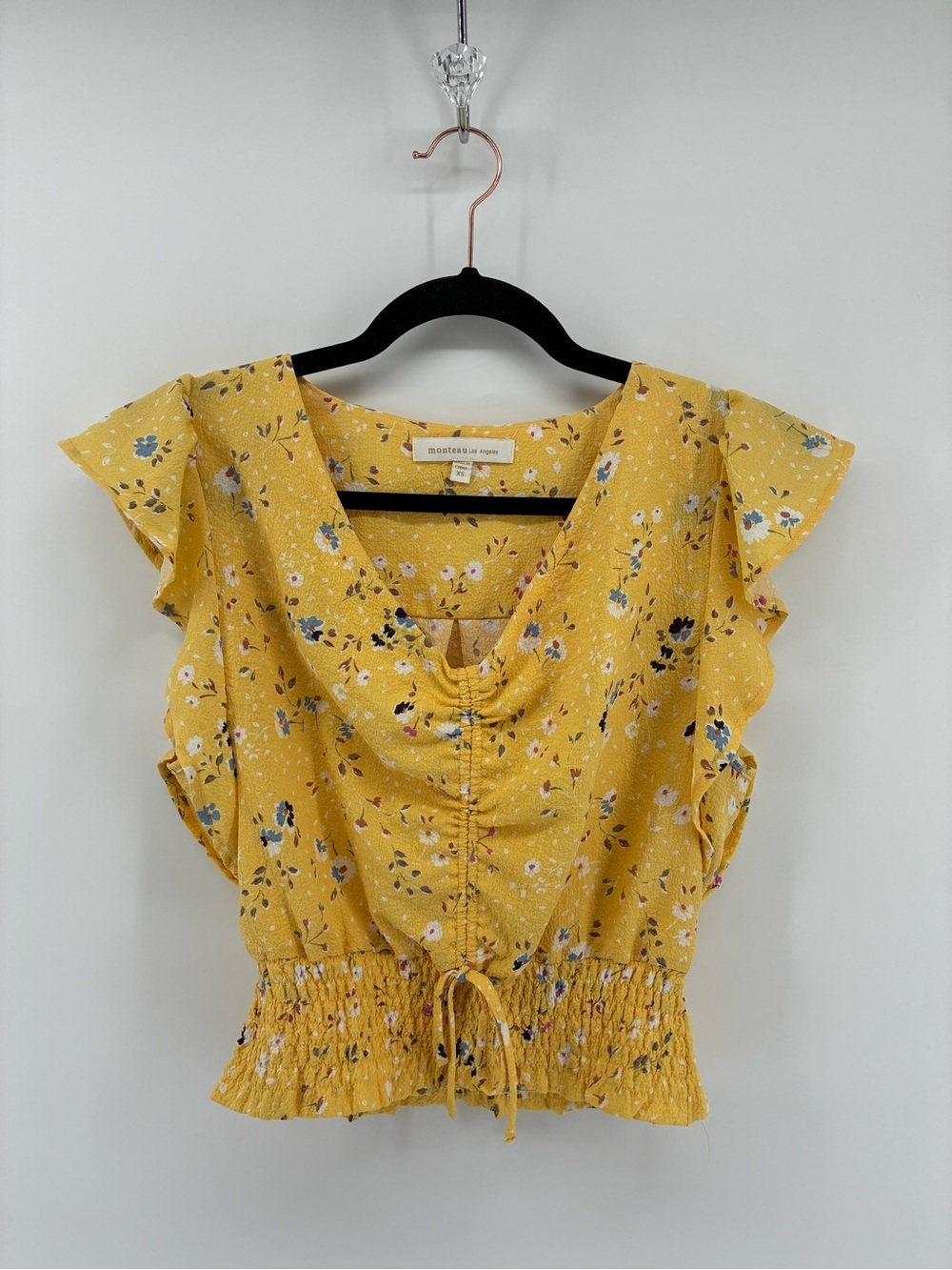 Yellow Floral Smocked Waist Ruffle Sleeve Top - Monteau
